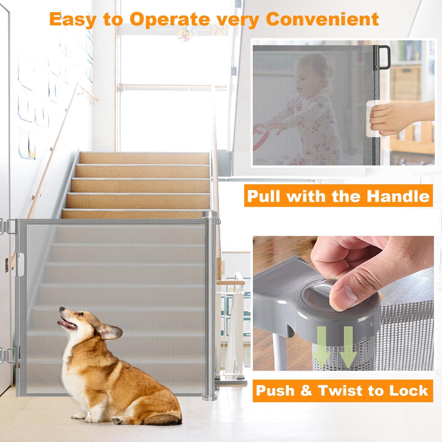 Wodondog Retractable Stair Gate for Baby, Extra Wider Safety Dog Gate 150cm, 86cm Tall, One Hand Operated Baby Gate for Stairways & Hallways, Indoor & Outdoor, Grey (150cm)