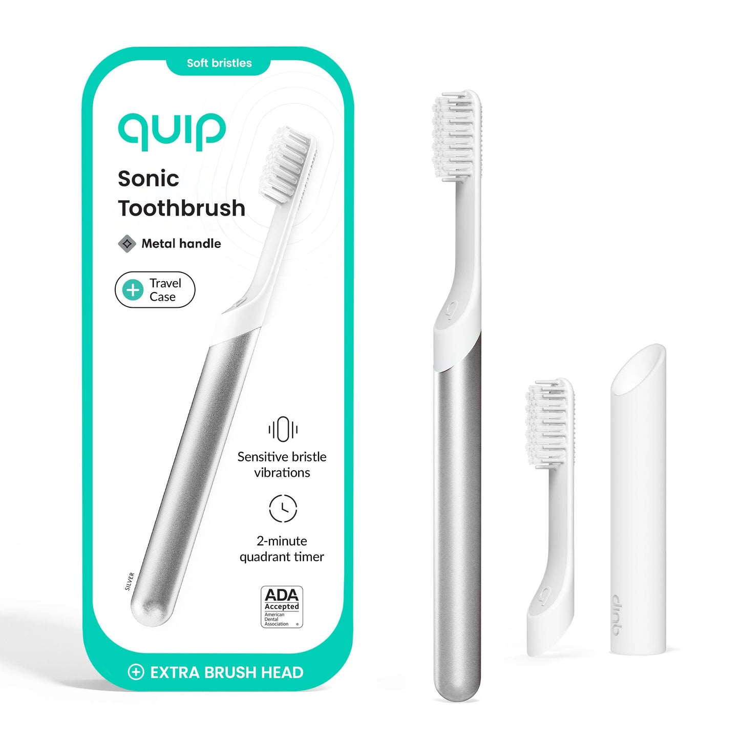 Quip Metal Sonic Electric Toothbrush for Adults - Time Travel & Soft Bristles with Travel Case & Replacement Brush Head - 3 Month Battery Life - Indigo