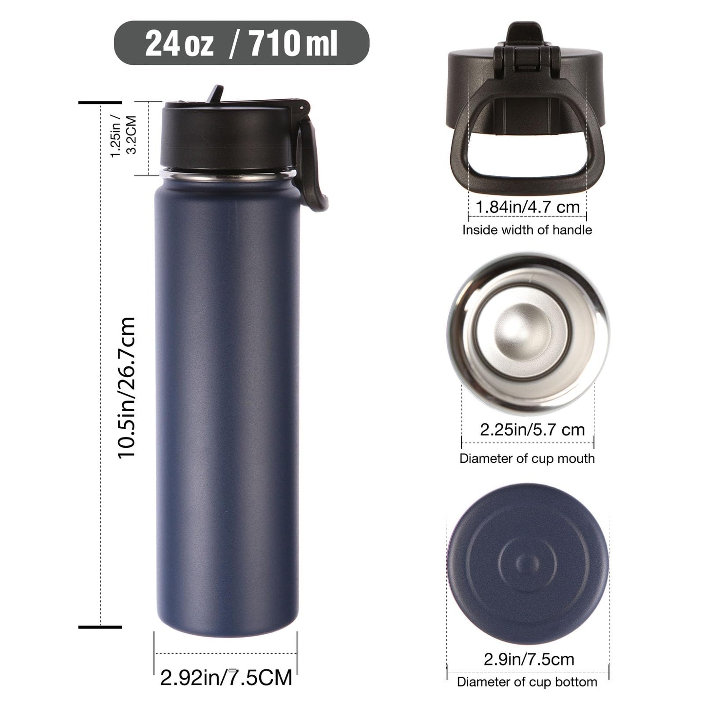 Volhoply 24 Ounce Insulated Water Bottle with Straw Lid,Stainless Steel Wide Mouth Sport Bottles with Handle,Double Wall Vacuum Cups Keep Cold,Reusable Travel Thermal Cups For Holder,Gym(Navy,1)