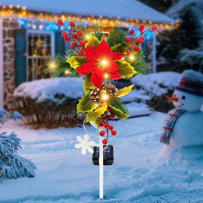 stadeco Solar Christmas Decorations Outdoor, 32 Inch Solar Christmas Cross Stake Lights, Waterproof Grave Decorations with Poinsettia Flower Pinecones Red Berries for Garden Yard Patio Lawn Cemetery