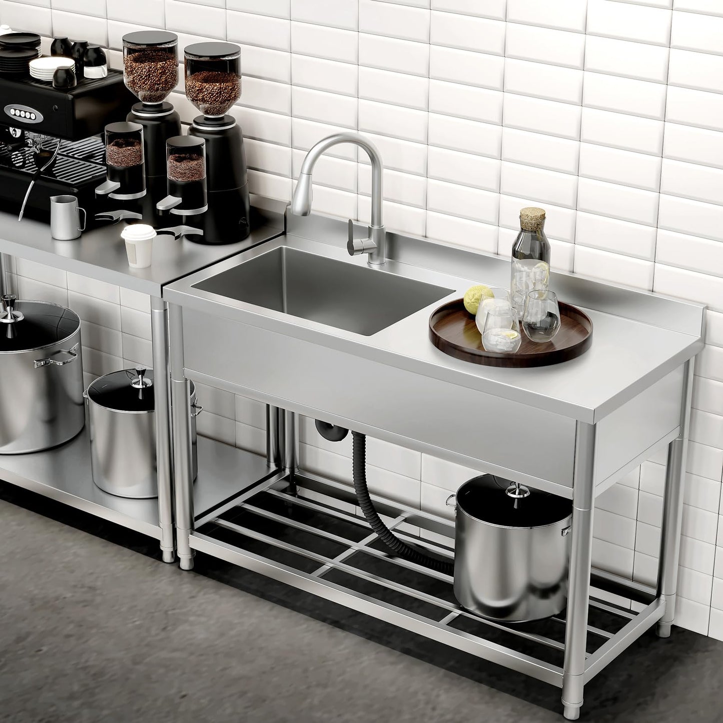 GGW Commercial Sink with Drainboard, Stainless Steel Utility Sink with Pull-out Faucet, Free Standing Single Bowl Kitchen Sink with Workbench for Restaurant, Garage, Outoor, 21.7"D x 47.2"W x 37"H