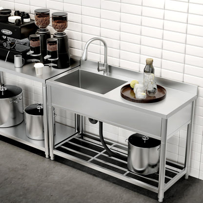 GGW Commercial Sink with Drainboard, Stainless Steel Utility Sink with Pull-out Faucet, Free Standing Single Bowl Kitchen Sink with Workbench for Restaurant, Garage, Outoor, 21.7"D x 47.2"W x 37"H