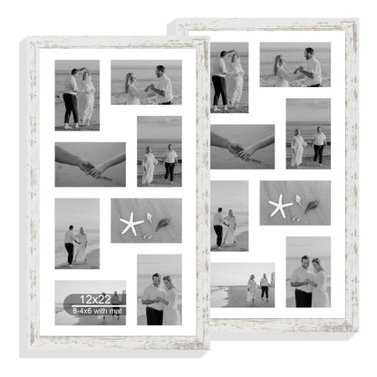 Hongkee 12x22 Picture Frame Set of 2, Distressed White with Glass Collage Frame, Display Eight Opening 4x6 Photos With Mat or 12 x 22 Newspaper Without Mat - Horizontal or Vertical Wall Mounting