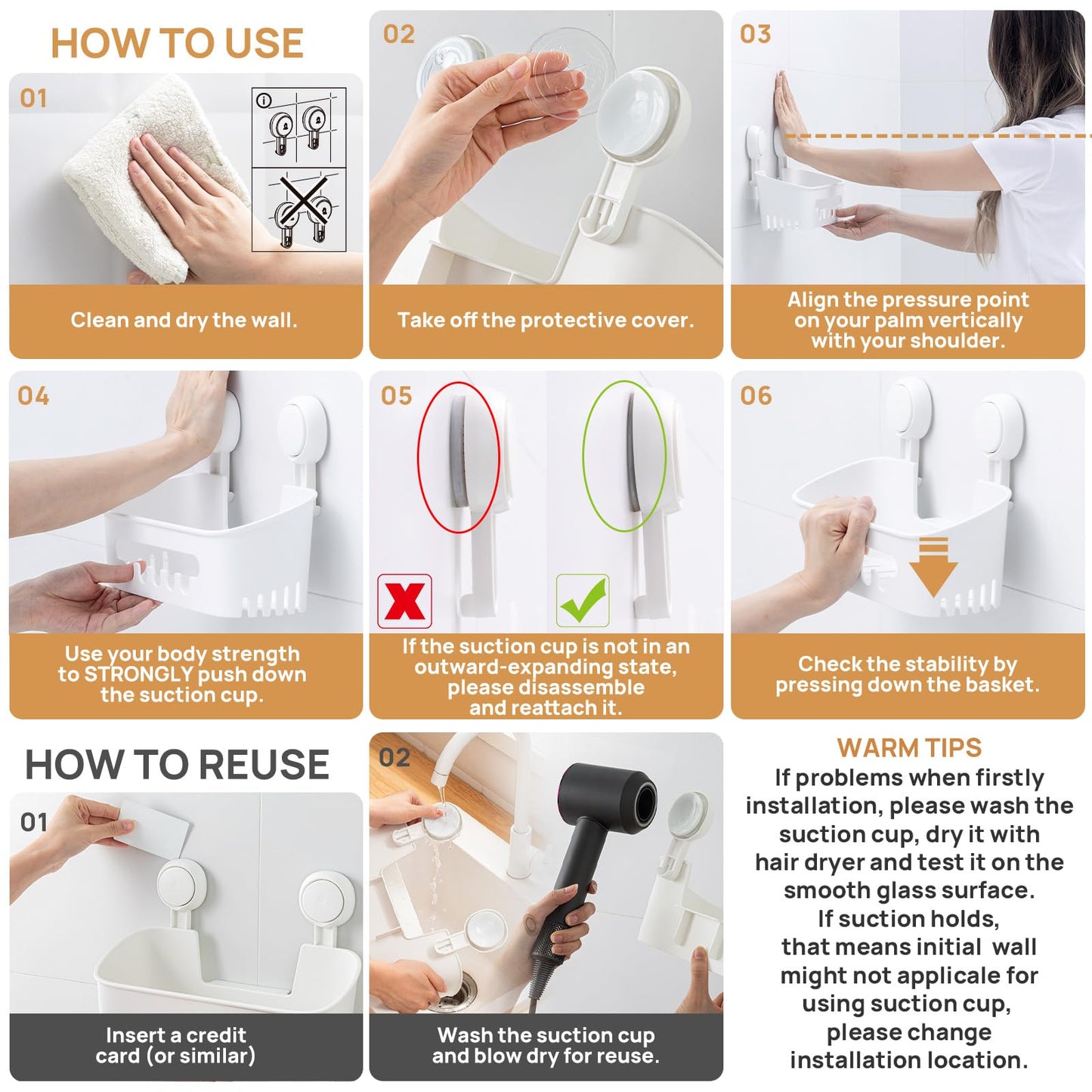 LEVERLOC Shower Caddy Suction Bathroom Storage Shelf Suction Shower Caddy Storage No Drilling Shampoo Holder Removable Powerful Bathroom for Shampoo Toiletries Kitchen Accessories，White