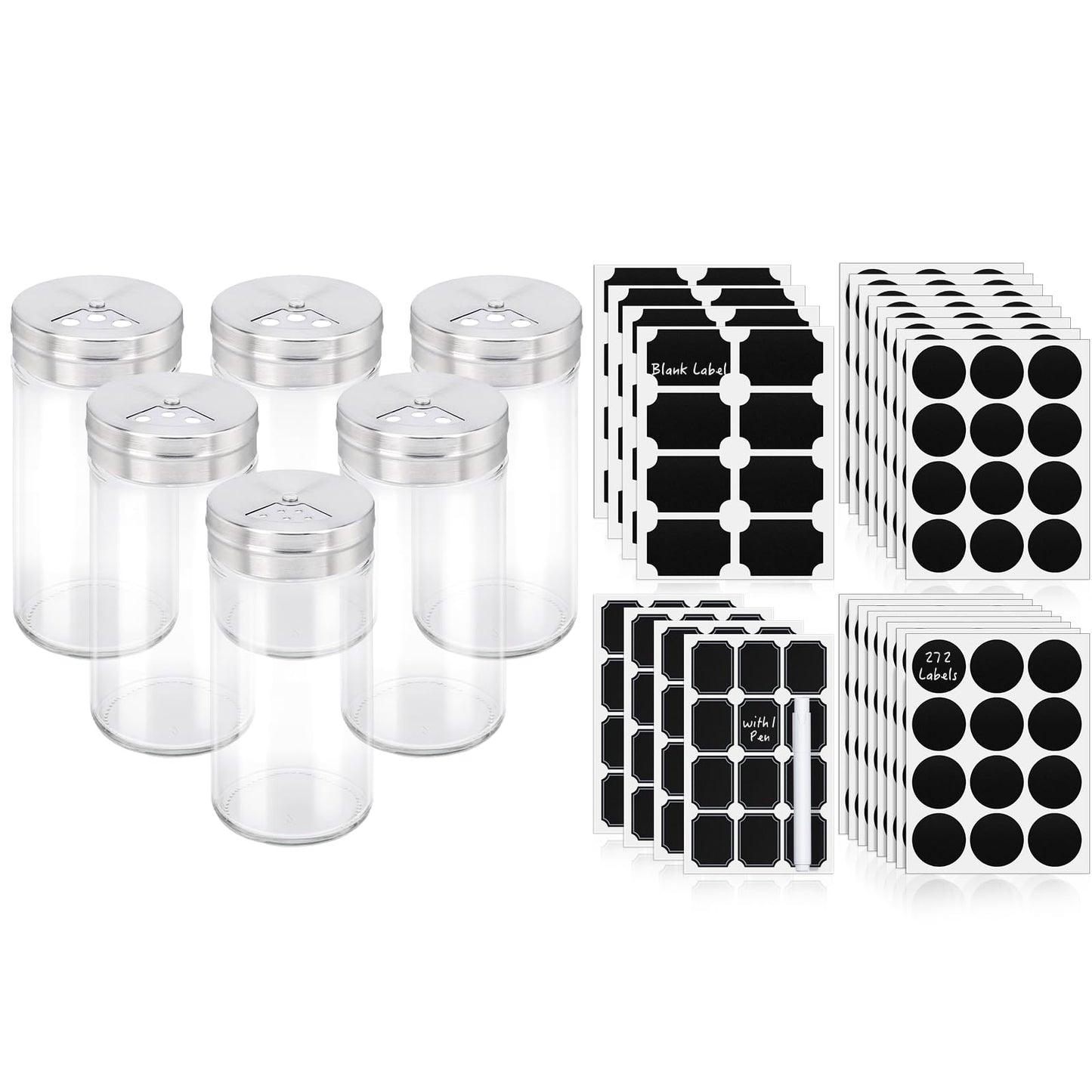 Segarty Spice Jars with Label Set - 6 Pack 4oz Glass Spice Jars with Shaker Lids, 272 Pcs Blank Chalkboard Label Stickers with 1 Marker, Seasoning Organizor Kit