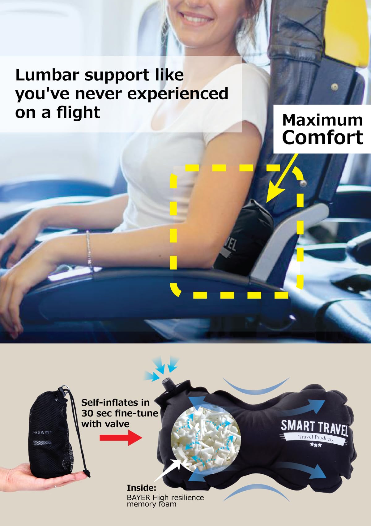 Smart Travel Travel Products Lumbar Pillow Inflatable Lumbar Support Pillow Travel Pillows for Airplane Long Flight Essential for Women Men Kids