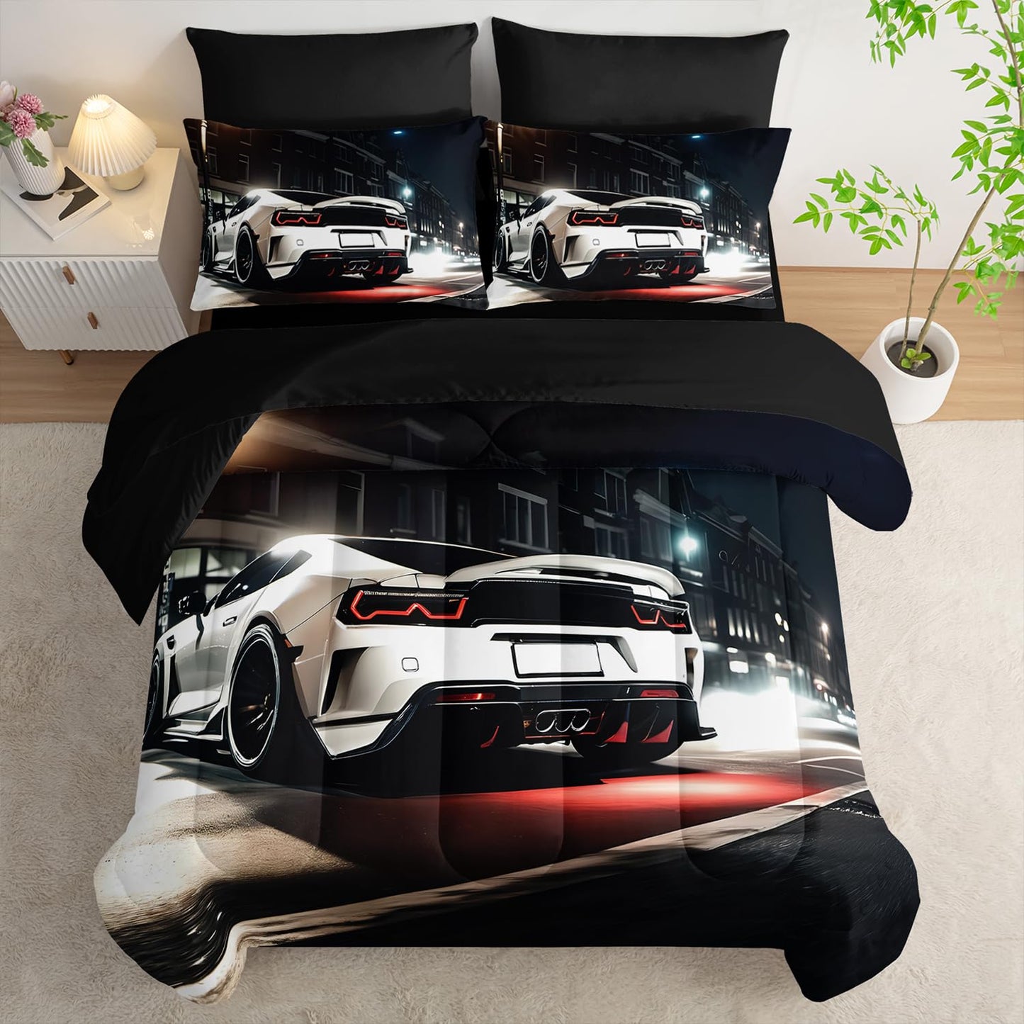 Nttopship Sports Car Comforter Set Twin Size 7PCS, White Racing Car Bed Set Light White Racing Car Bedding Set 7 Piece in A Bag,Bed Sheet Set Racing Car Decor,Microfiber Lightweight All Season