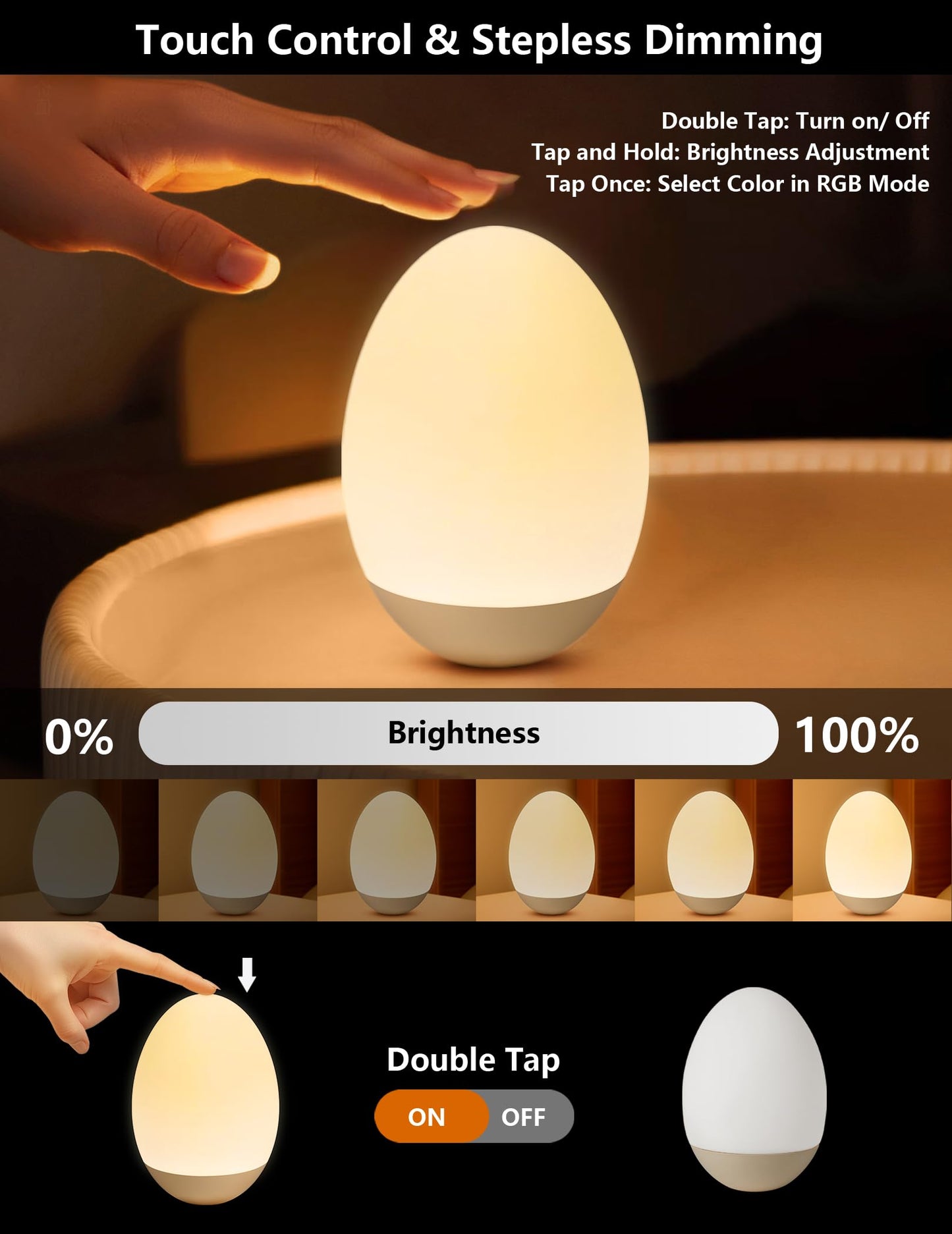 NICKLUC Egg Night Light for Nursery: Baby Night Lights Tap Lamp Stepless Dimming with Warm White and 7 RGB Colors Rechargeable Portable for Infant and Kids Bedroom Breastfeeding Sleep Aid
