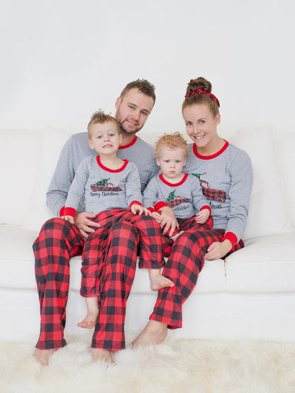 IFFEI Matching Family Pajamas Sets Christmas PJ's Sleepwear Truck Print Top and Plaid Pants with Pocket 6-7 Years