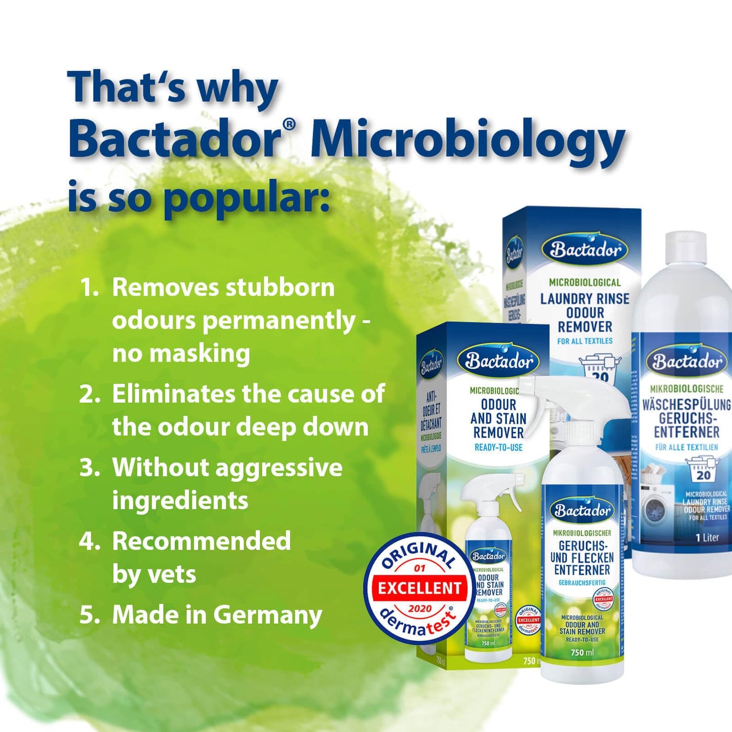 Bactador Odour and Stain Remover Spray 750ml - Biological enzyme cleaner as a ready-to-use solution against sweat, cat urine, dog urine, animal odors - For household, car & animal environment