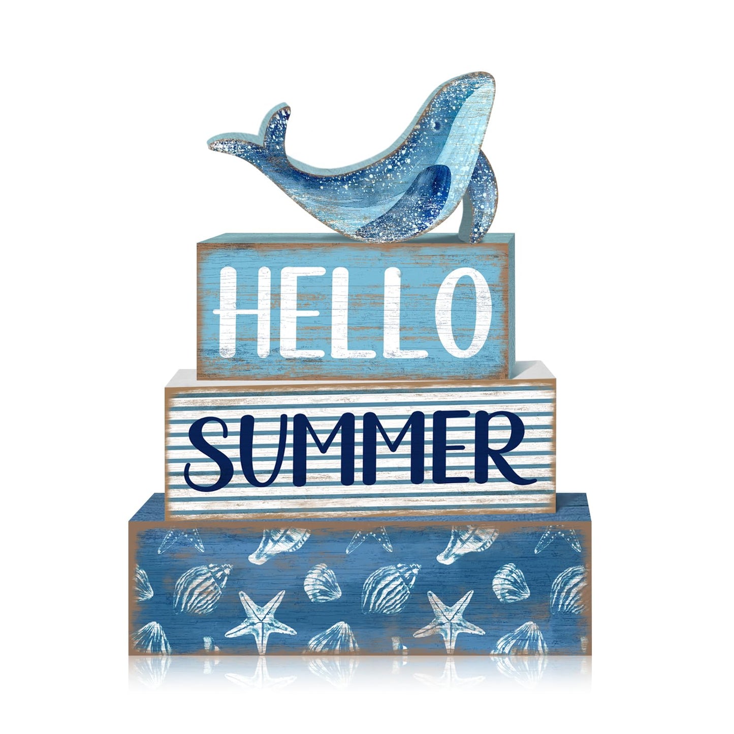 Britimes 4 Pcs Summer Wooden Tiered Tray Decor Set, Ocean Whale Table Decor Rustic Farmhouse Coastal Wood Coffee Table Centerpieces for Home Kitchen Office Decorations (Sea Style)
