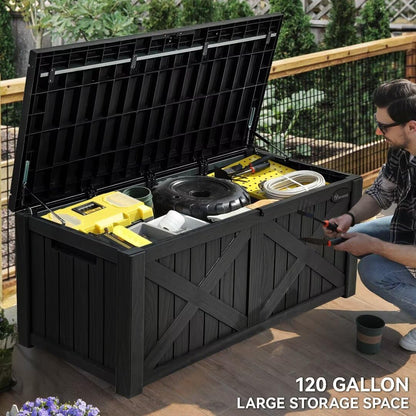 YITAHOME 150 Gallon Large Deck Box with X-Shaped Front, Resin Outdoor Storage Boxes, Waterproof Cushion Storage Bench for Patio, Pool Supplies, Garden Tools - Lockable, Black