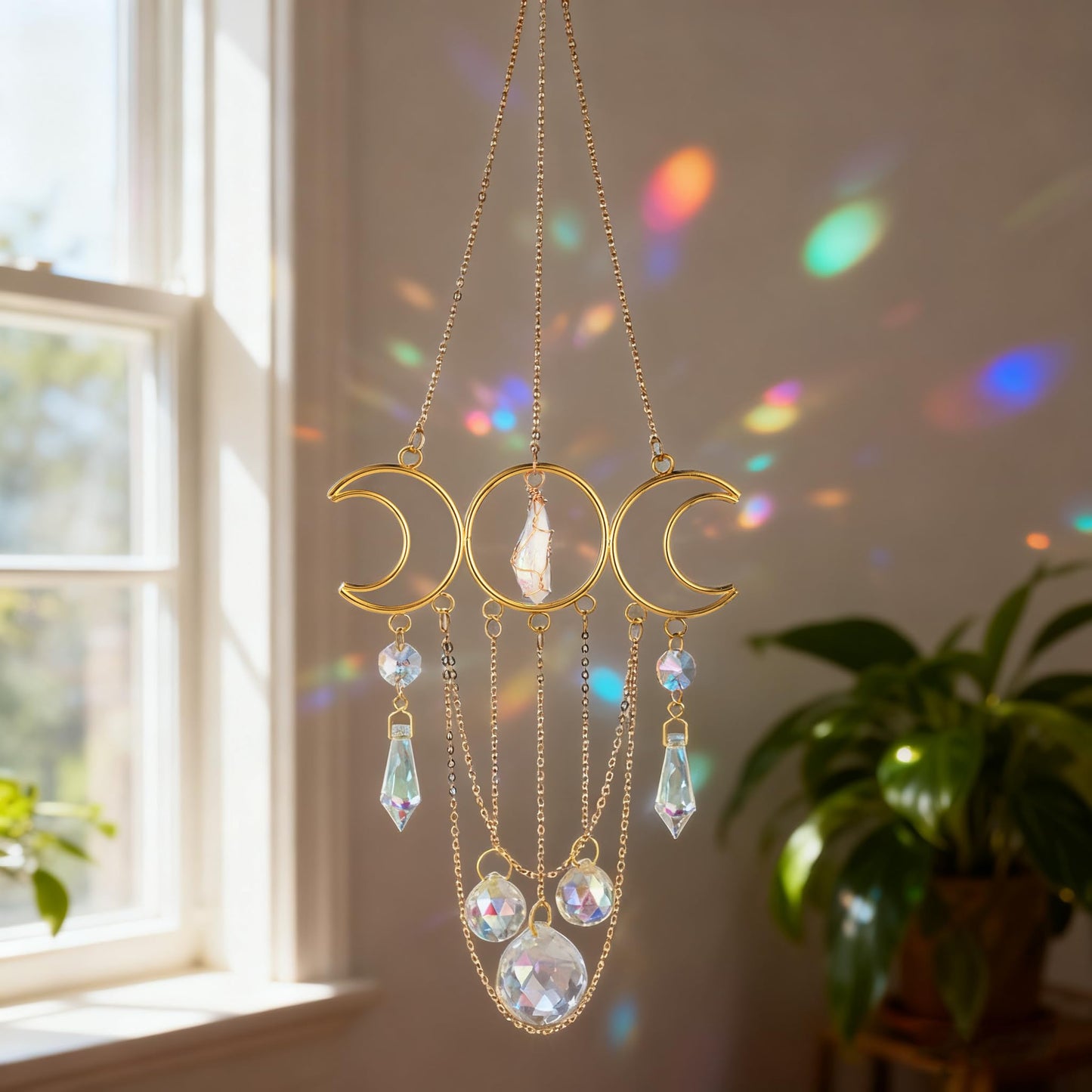 Bohemian Moon Crystal Suncatcher, Hanging Crystal Decoration for Window