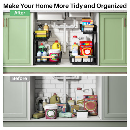 Under Sink Organizer, 2 Packs 2 Tier Under Sink Organizers and Storage, Slide out Pull out Cabinet Organizer Shelf, Metal Sliding Drawer for Kitchen Bathroom Pantry Cabinet Closet Organization Rack
