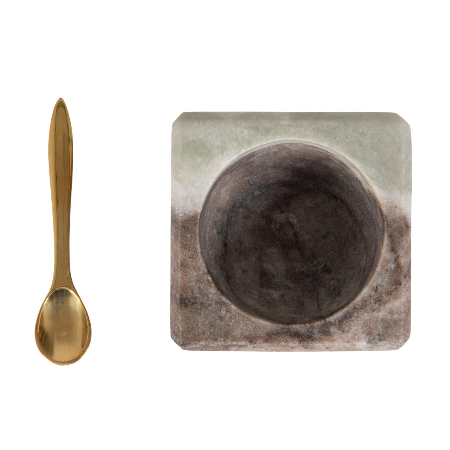 Creative Co-Op Square Marble Bowl with Stainless Steel Spoon, Brown