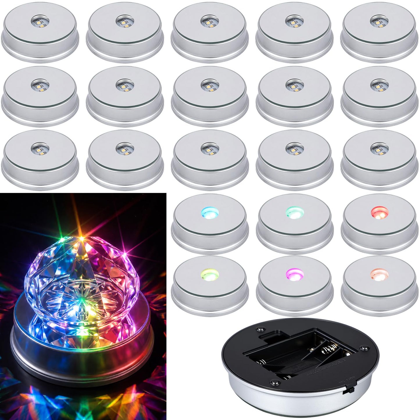 Wettal 20 Pack LED Light Base Wireless Display Stand LED Lighted Base for Glass Art Crystal Art Statue Display Stand Powered by Aaa Batteries Home Party Wedding Christmas Decor(Silver)
