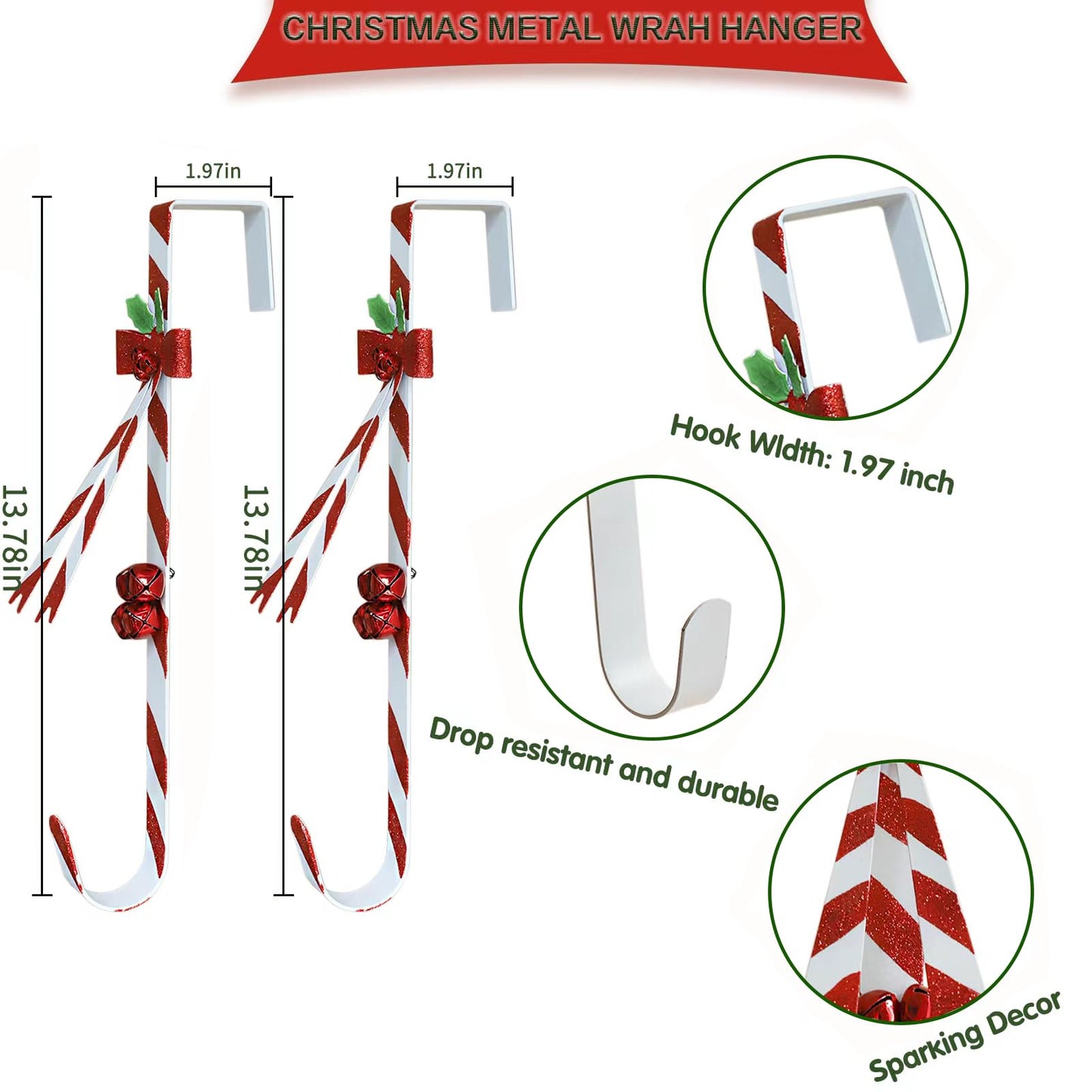 KEDONCHEN 2 Pack Wreath Hangers for Front Door,Christmas Decoration Metal Over The Door Wreath Hanger Ornament,Candy Cane Wreath Hanger