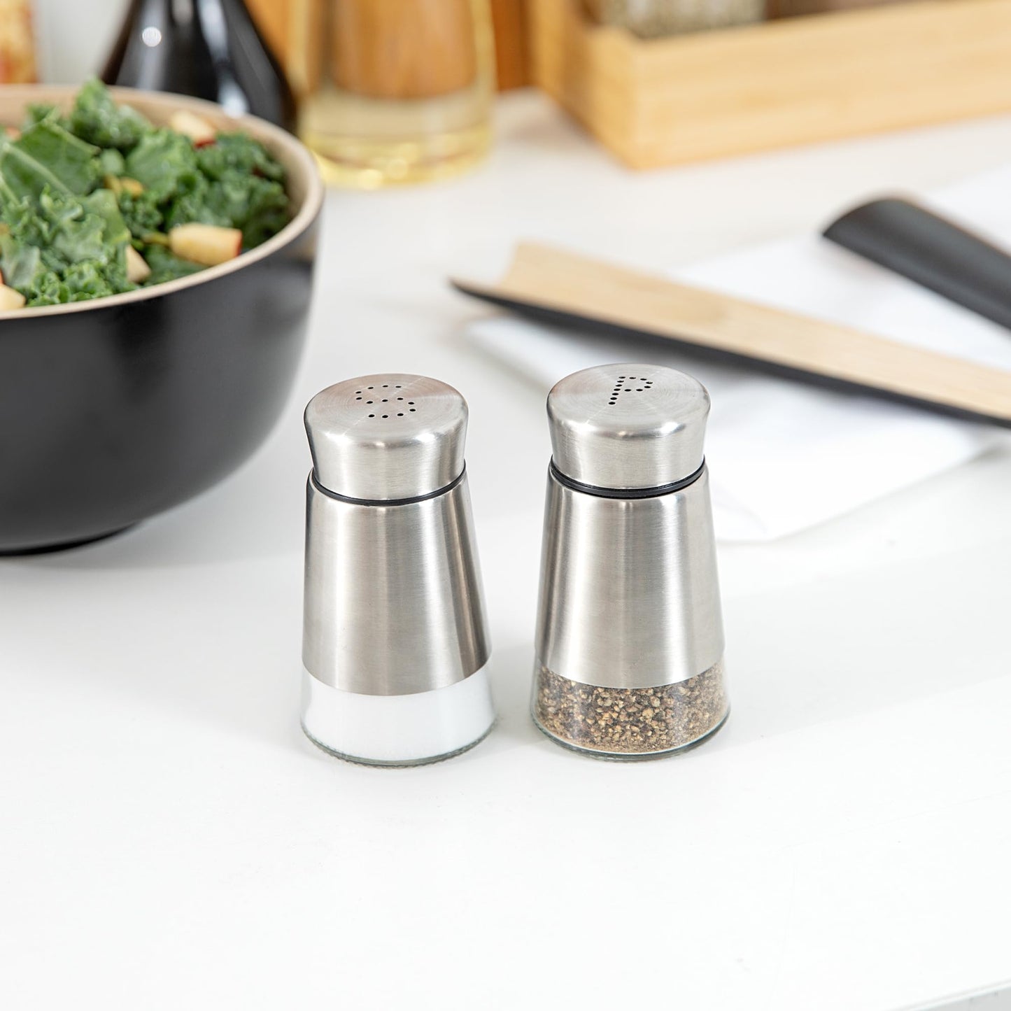 Restaurantware-Met Lux 2 Ounce Salt And Pepper Dispensers, 1 Refillable Salt And Pepper Shaker Set - "S" And "P" Pour Holes, Clear Glass Bottom, Stainless Steel Spice Dispensers, With Screwable Lid