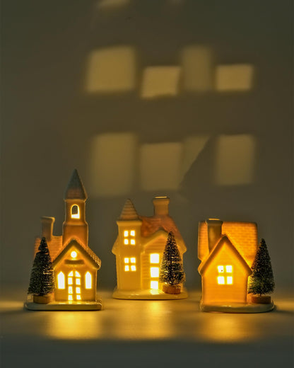 DN DECONATION Light up Christmas Decor Ceramic Village Houses, 3Pcs White Christmas Porcelain Villages with Frosted Trees, Holiday House Figurines Xmas Village Sets for Winter Table Decoration Indoor