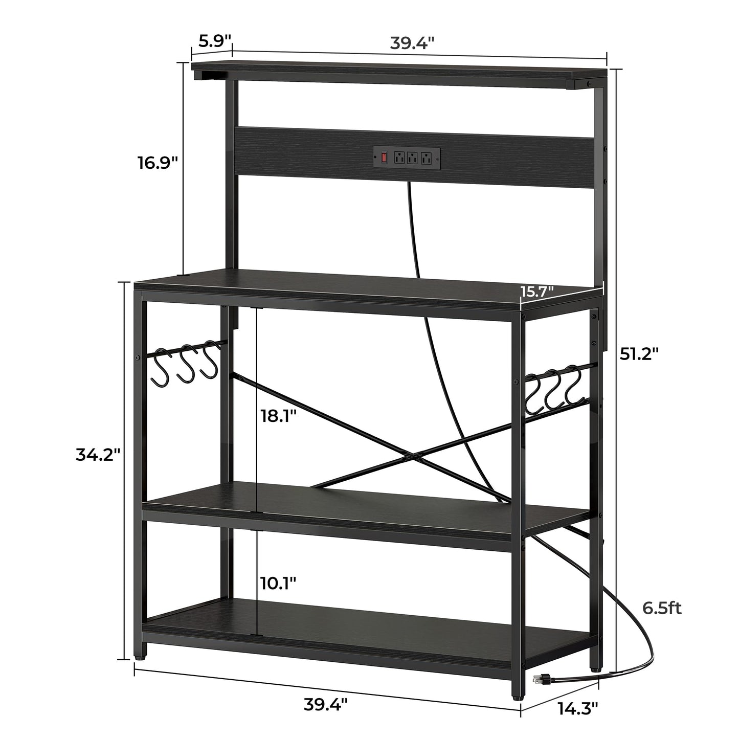 SUPERJARE Kitchen Bakers Rack with Power Outlet, Coffee Bar Table 4 Tiers, Kitchen Microwave Stand with 6 S-shaped Hooks, Storage Shelf Rack for Spices, Pots and Pans - Rustic Brown