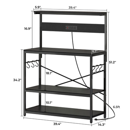SUPERJARE Kitchen Bakers Rack with Power Outlet, Coffee Bar Table 4 Tiers, Kitchen Microwave Stand with 6 S-shaped Hooks, Storage Shelf Rack for Spices, Pots and Pans - Rustic Brown