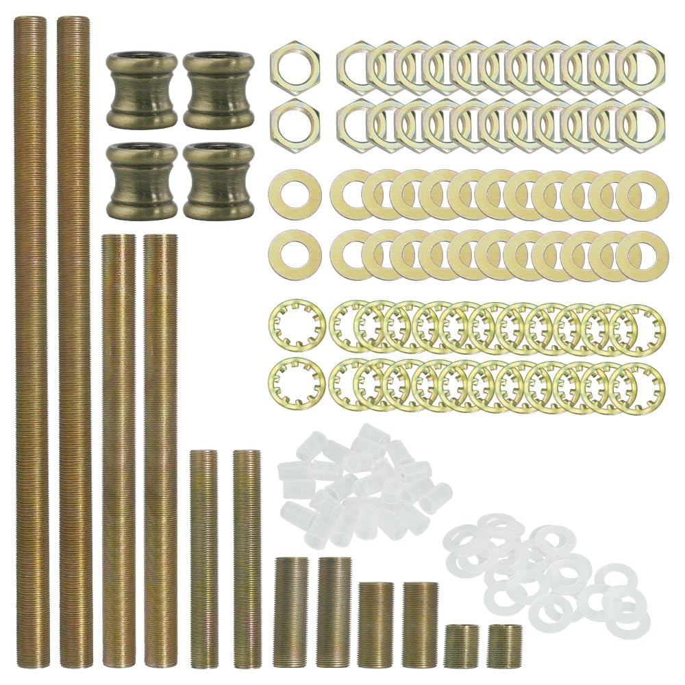 Asjeumt 136 Pieces All Thread Lamp Pipe Lamp Rod Repair Hardware Parts Kit Includes Lamp Nipples, Coupler Pipes Connectors, Lock Nuts, Plastic Stopper and Washers, for Assembly DIY Making Lamps