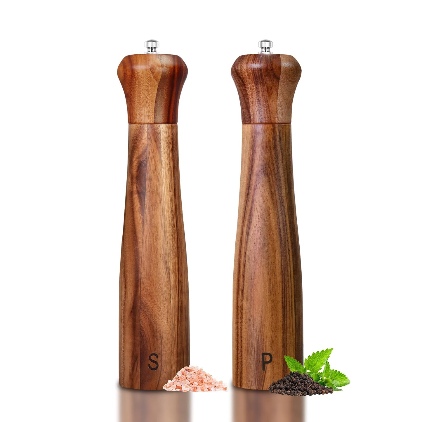 Haomacro 2 Pack 10 Inch Acacia Wooden Salt and Pepper Grinder Set, Manual Salt and Pepper Mills, Salt Grinder Refillable with Adjustable Coarseness, Ceramic/Stainless Steel Core Tableware Gifts