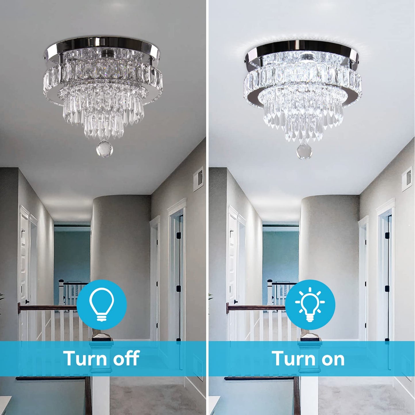 Finktonglan 11.8" Crystal Chandeliers, Morden Crystal Ceiling Light LED Small Chandeliers Semi Flush Mount Chandelier Room Light for Bedrooms Living Room Hallway (6500K White Light)