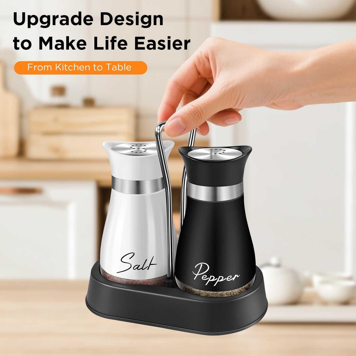 Salt and Pepper Shakers Set, 4 oz Stainless Steel Salt Shaker, Farmhouse Salt Pepper Shaker Containers with Glass Bottom for Kitchen Gadgets Cooking Table, BBQ, Bar, RV, Camp (Black&White)