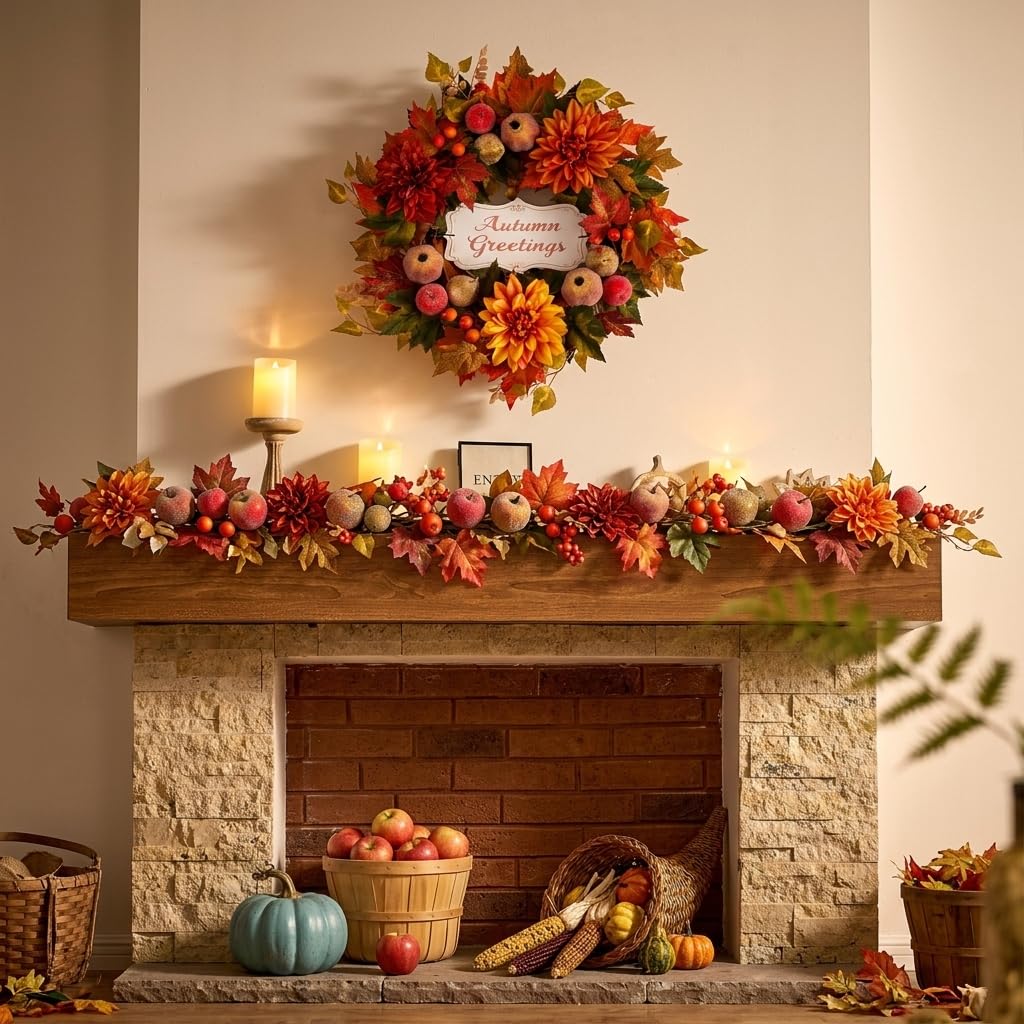 Valery Madelyn 24'' Collapsible Pre-Lit Fruits Fall Wreath for Front Door