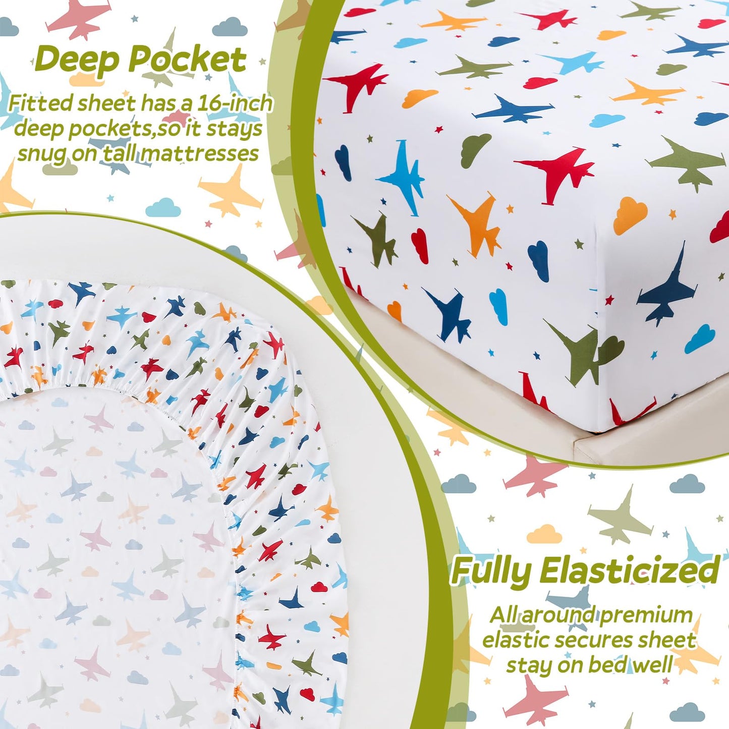 ChicView Full Sheet Set Kids,4 Pieces Breathable Soft Microfiber Bedsheets for Child Boys Girls, Anti Pilling Deep Pockets Easy Care Bed Sheets, Aircraft