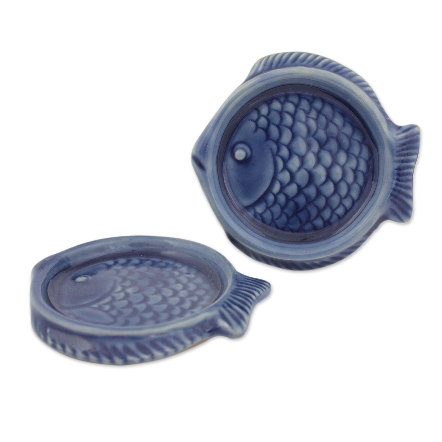 NOVICA Ocean Blue Fish (Pair) Celadon Ceramic Coasters