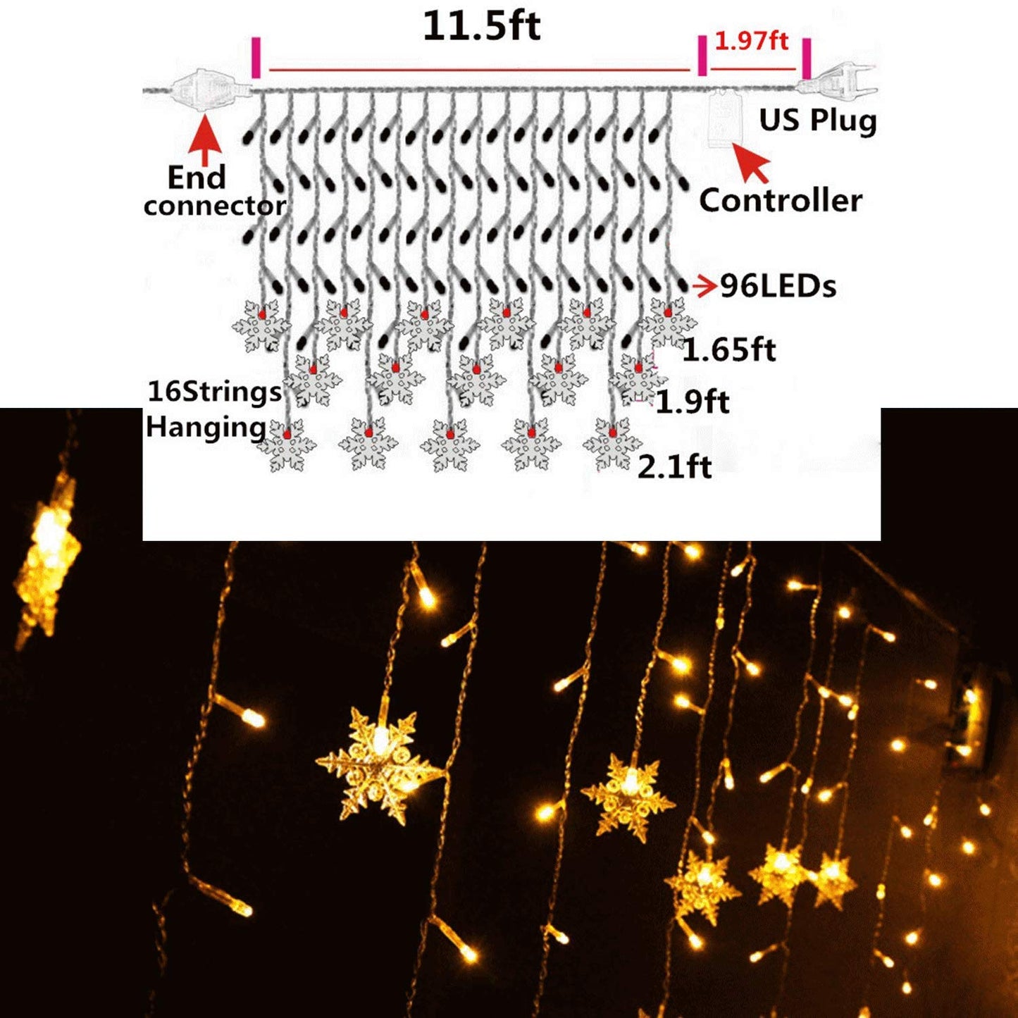 Senofun Snowflakes LED Curtain Lights Color Changing 11.5ft 16 Snowflakes Fairy Lights 80pcs LED Snowflake Lights for Home, Church, Wedding, Birthday (Snowflakes-Warm White)