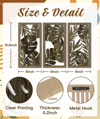 Putuo Decor Tropical Leaf Wall Art, Monstera Palm Leaves Natural Aesthetic Boho Decor, Set of 3 Modern Botanical Art for Living Room, Bedroom, Bathroom, Office 16x8 Inch