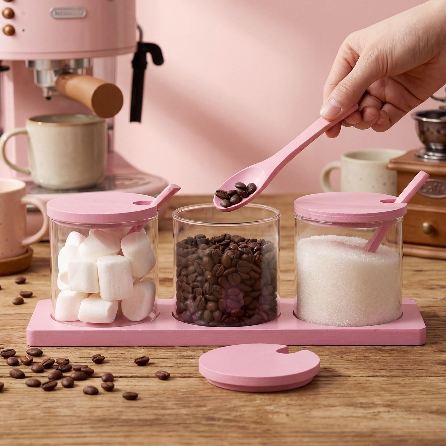 Willinglong 3 Pcs Coffee Bar Accessories Set Glass Condiment Jars with Wooden Lids Spoons, Spice Jar Set with Tray, Sugar Tea Containers for Coffee Station Organizer Kitchen Decoration(Pink)
