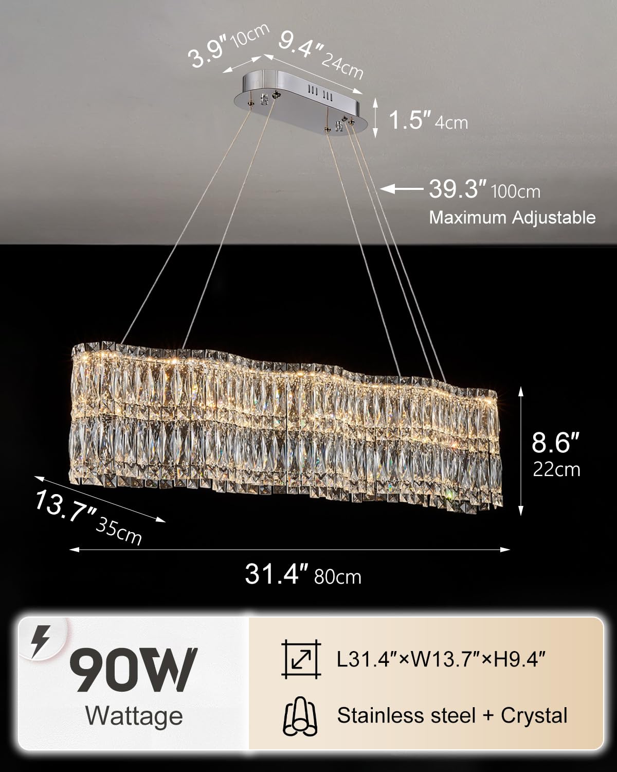 Dfxinyuan Modern Rectangle Crystal Chandeliers for Dining Room 31.4″ Linear Glass Chandelier Pendant Light Fixture for Kitchen Island Living Room, L31.4″×W13.7″×H8.6″