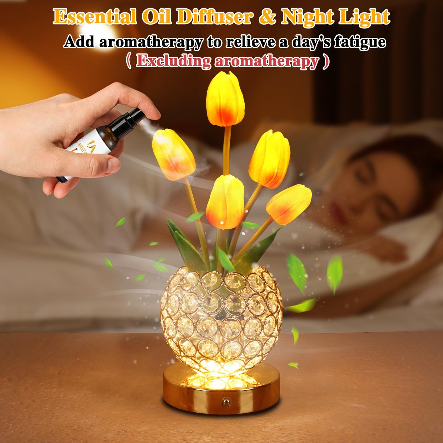 Birthday Gifts for Women Mothers Day Gifts For Mom Table Lamp, 3 Color Crystal Flower Bedside Lamps Infinitely Dimming with USB Charge Small Night Light,Nightstand Touch Lamp for Bedroom (gold-tulip)