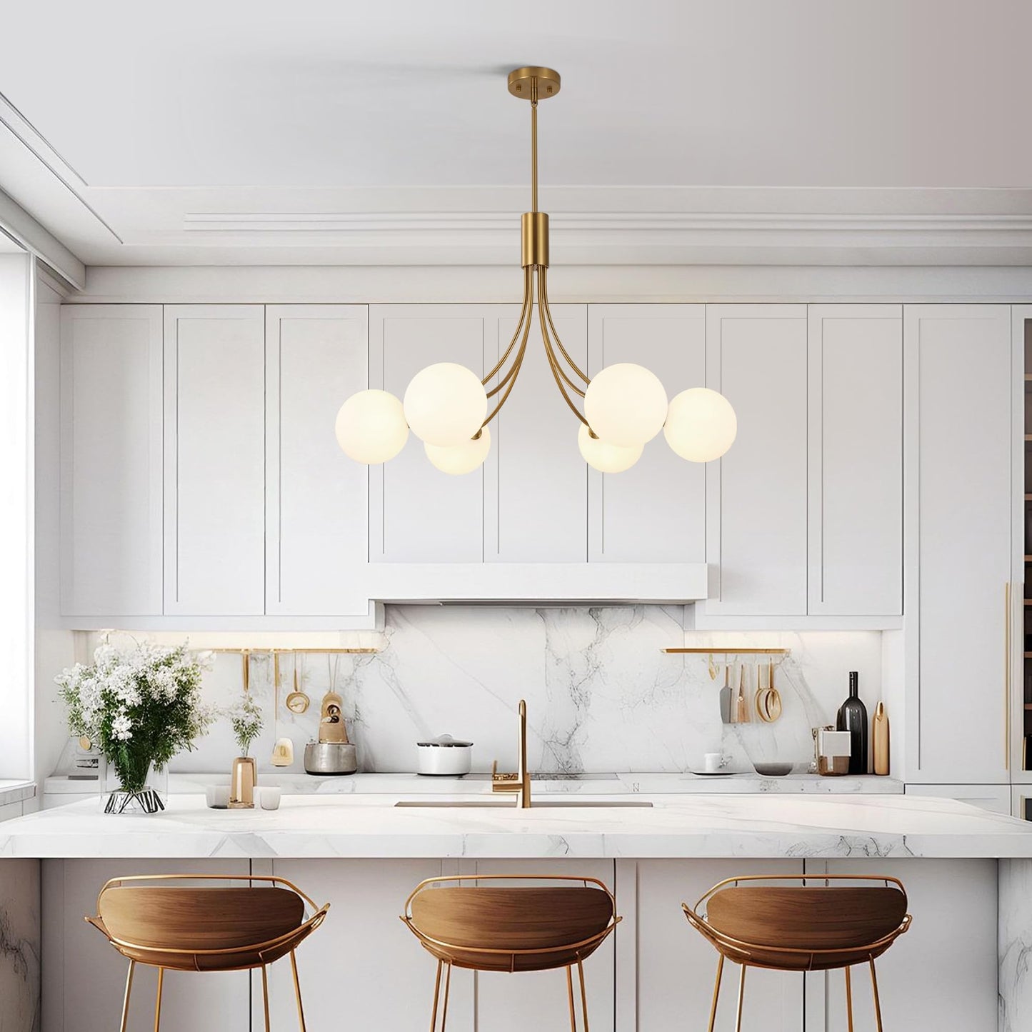 CNRATYE 6-Light Modern Farmhouse Gold Chandeliers for Dining Room Light Fixture, Mid Century Hanging Sputnik Chandelier for Living Room Kitchen Island Bedroom Foyer, Milk White Globe Glass Shade