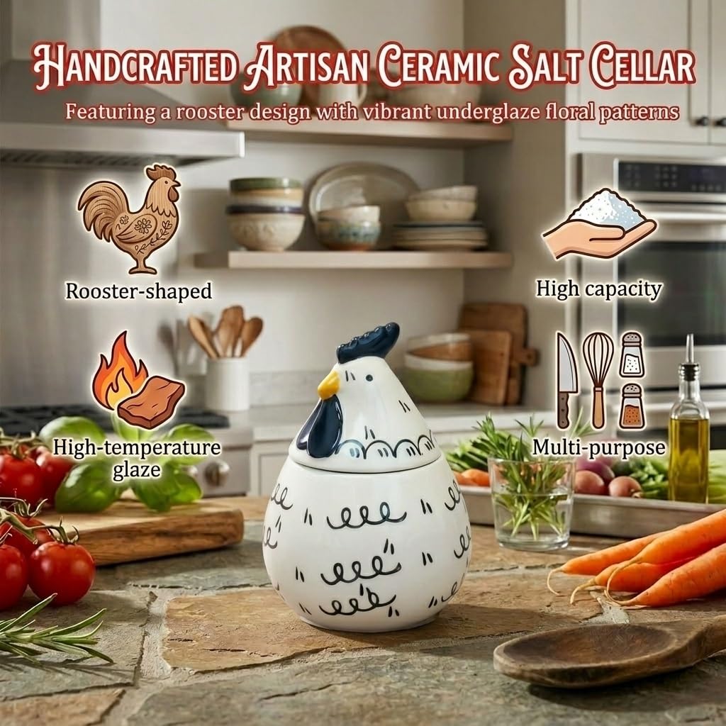 Ceramic Salt Cellar with Lid and Spoon, Rooster Salt & Spice Holder - 13 oz Large Capacity for Countertop, High-Fired Glazed & Easy Clean, Cute Kitchen Decor, Housewarming Gift, Unique Gift for Cooks