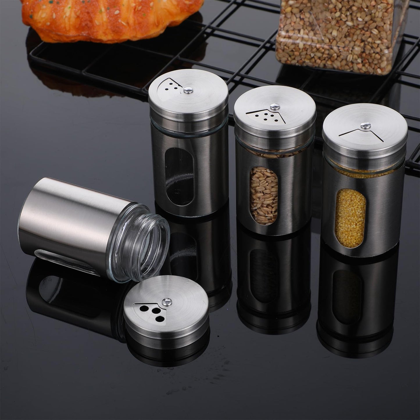 24 Pcs Stainless Steel Spice Jars with Shaker Lids, Seasoning Jars with Adjustable Pour Holes and Glass Window, Empty Spice Bottles for Kitchen Salt Pepper Sugar Seasonings (3.4oz)