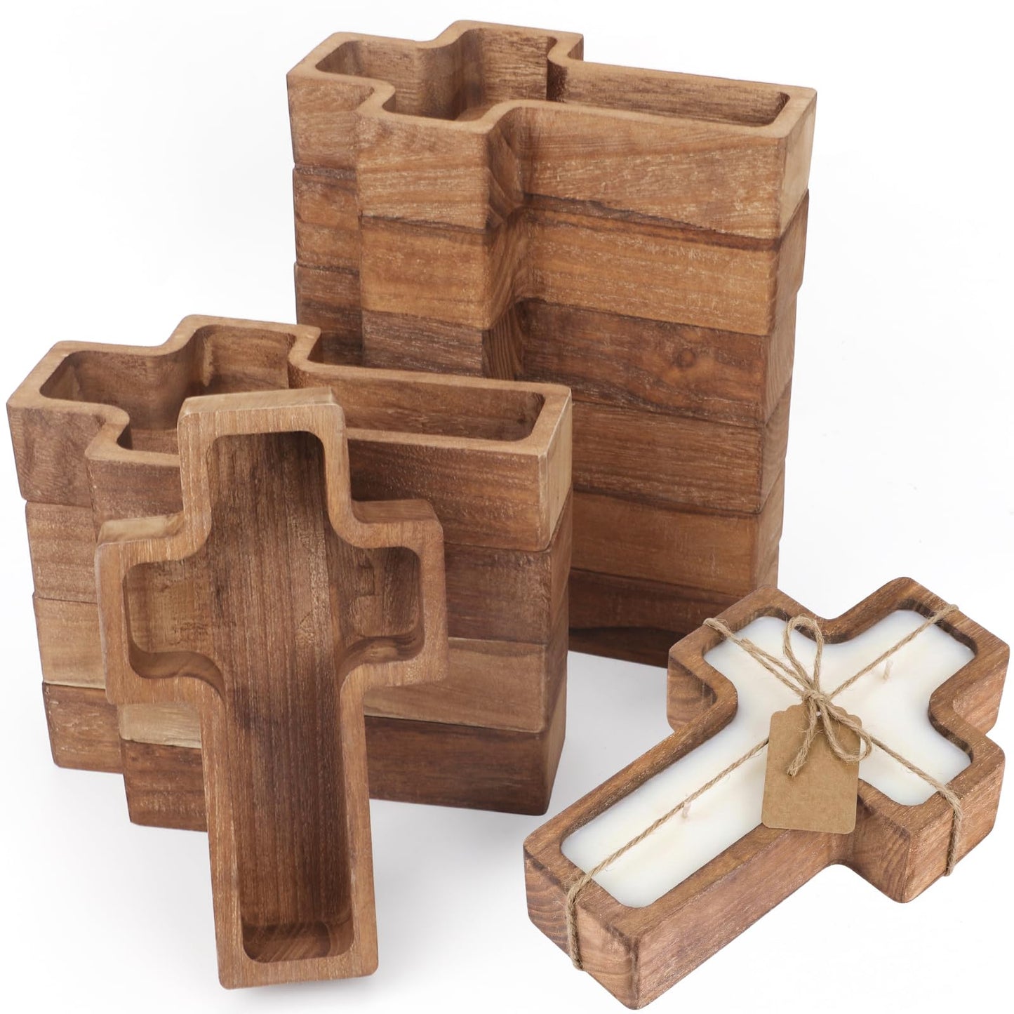 HEYTIMI 12 Pack Wooden Cross Dough Bowls, 7.42" x 4.33" Paulownia Wood Dough Bowl Set for Candle Making, Rustic Farmhouse Decor, Religious Ceremony Centerpiece, Christian Faith Gifts