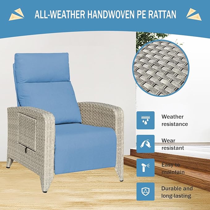 Upgraded Outdoor Recliner Chair, Reclining Patio Chairs with Adjustable Back up to 150°Lay Flat and Extended Footrest, Wicker Recliner Chairs with Flip Table and Removable Olefin Cushion