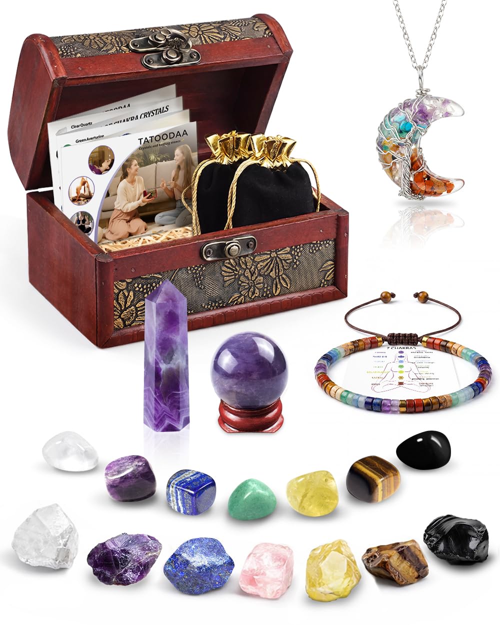 Chakra Healing Crystals Set - Crystals and Healing Stones, Chakra Bracelets, Amethyst Crystal Wand and Ball, 7 Chakra Stones Set, Energy Balance and Protection, Relief Anxiety Stress Gifts for Women
