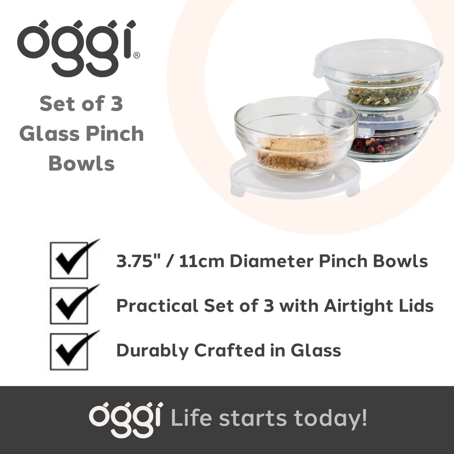OGGI Set of 3 x Glass Pinch Bowls - 4oz with Clip Lids, Ideal For Salt and Pepper, Storage with Lids, Condiment Bowls, Mini Bowls, Prep Bowls for Cooking or Mise en Place - Clear