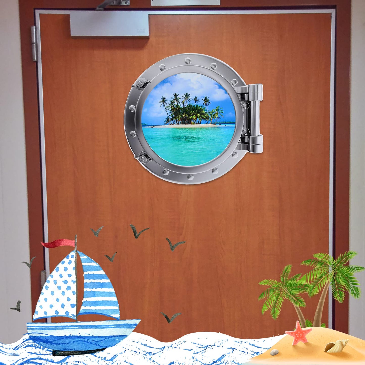 2 Pcs Cruise Door Decorations Magnetic Porthole Cruise Door Magnets 10 Inch Set Palm Tree Dolphin Turtle The Sea Nature Scenery Fridge Decor for Carnival Car(Beach Style)