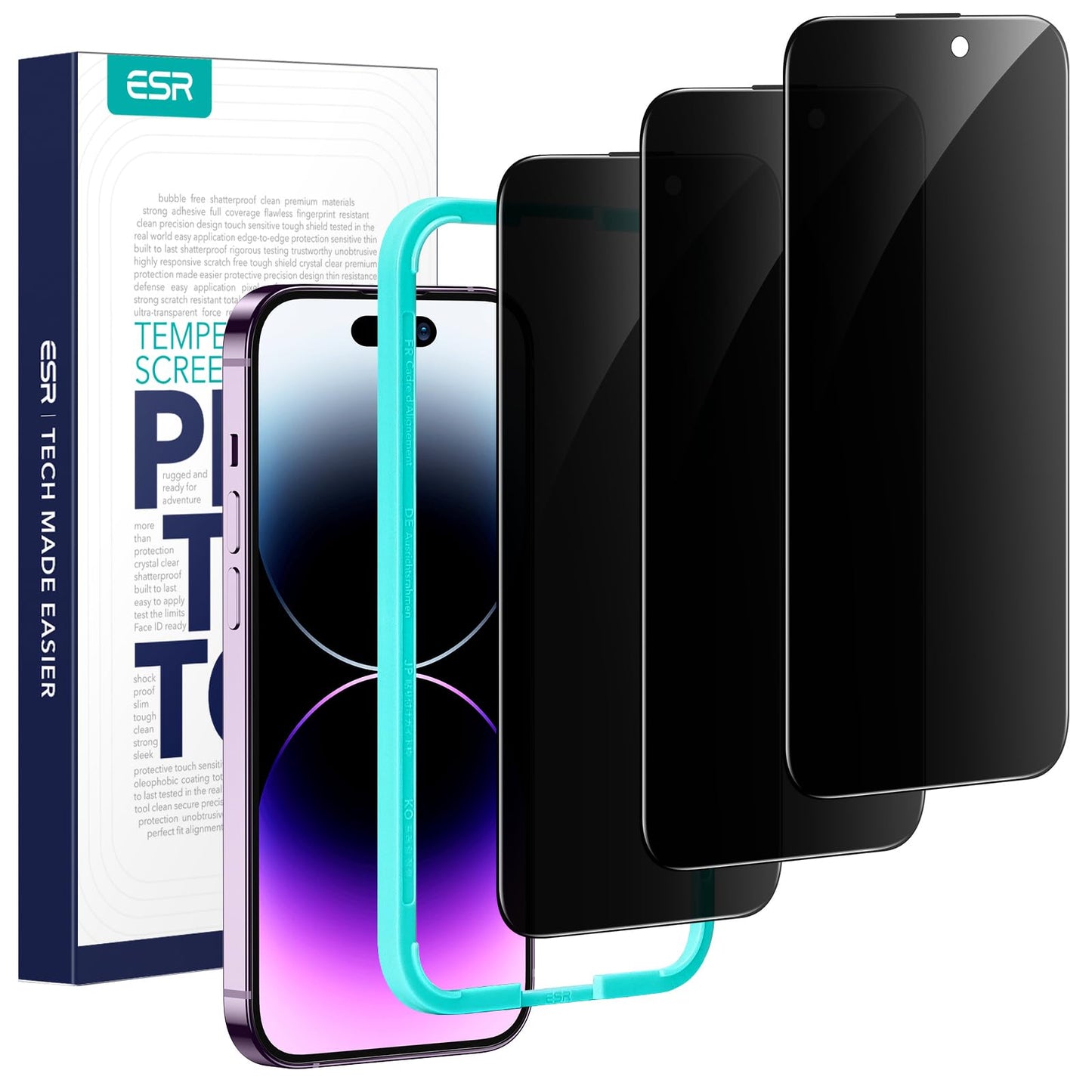ESR 3 Pack for iPhone 15 Pro Max Screen Protector, [9H Hardness] [Military Grade Shatterproof] Full Coverage Tempered Glass Film with Easy Installation Tool, HD Clear, Scratch Resistant