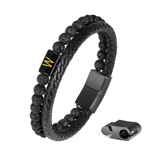 Mens Leather Bracelet with Initial - Men Gift Lava Rock Bead Magnetic Clasp Black Leather Bracelets Mens Gifts Men Bracelets with Initial W Bracelet for Men's Jewelry Men's Gifts for Dad Husband Him