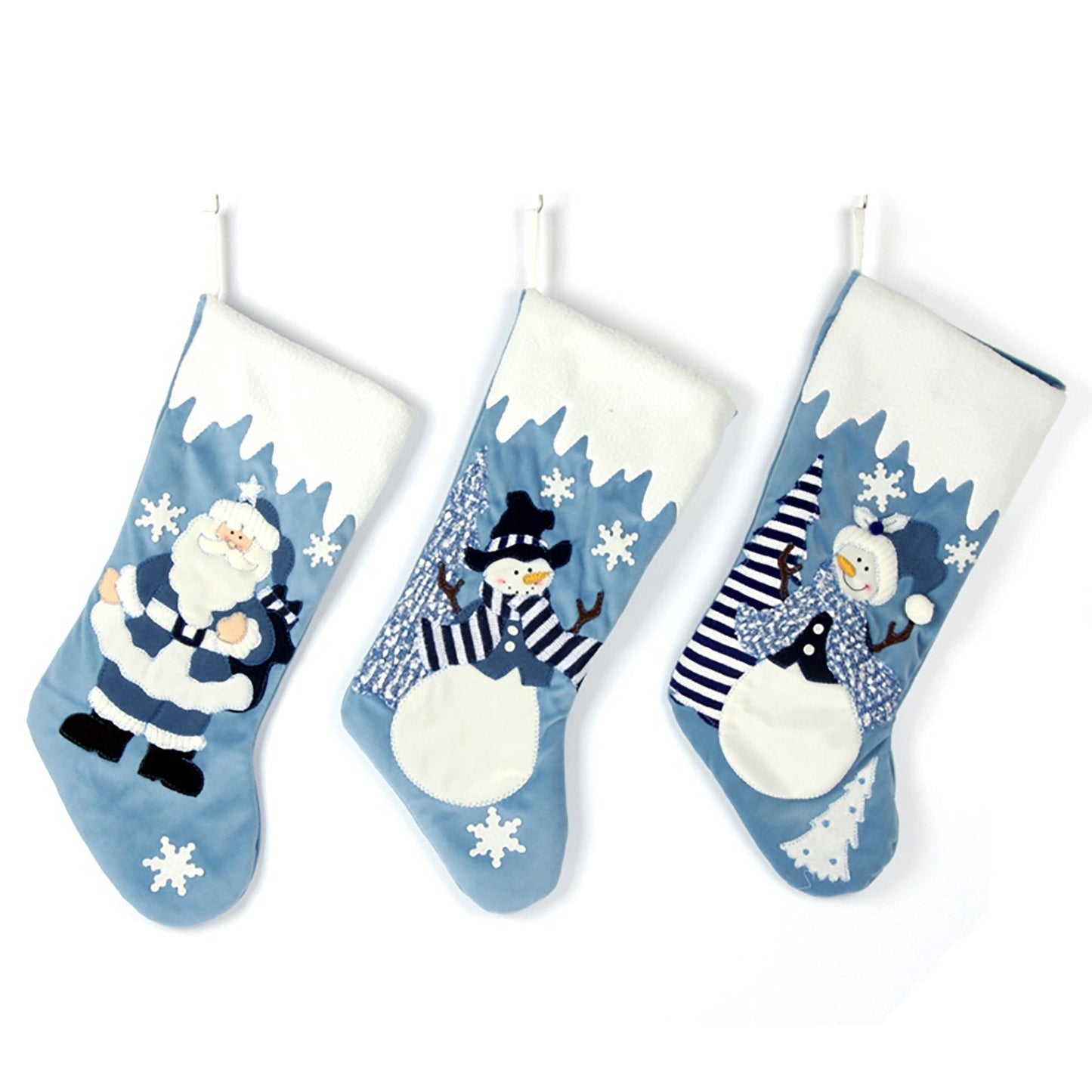Etistta Classic 19 inch Blue Christmas Stockings Set of 3, Blue White Christmas Decor Velvet Applique Snow Stockings for Christmas Fireplace Decorations - Santa, Snowman