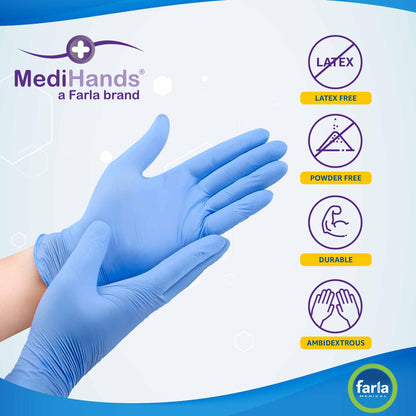 MediHands Nitrile Gloves Medium, Blue Heavy Duty Disposable Glove and Surgical Gloves, Powder Free and Latex Free, Medical, Food, Multi Use, Pack of 100