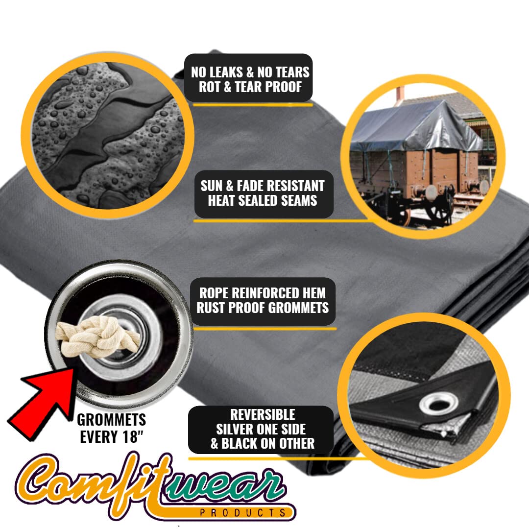 COMFITWEAR Super Heavy Duty Tarp Cover Reinforced Grommet Multi-Purpose Pool Cover Boat Tarp Camping Tarp UV Resistant Waterproof Tarpaulin Canopy Tent Waterproof Tarp Cover (Black-Silver, 25' X 40')